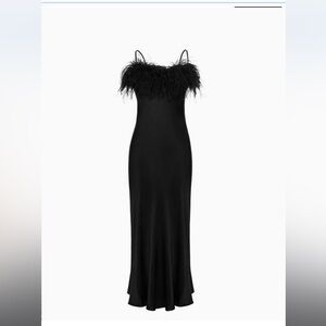 NWT Sleeper black spaghetti strap dress with feather trim, size S